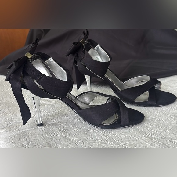 Fioni Elegant Black Satin Heels with Bow Accent/Silver Heels, Size 9 - Picture 2 of 14